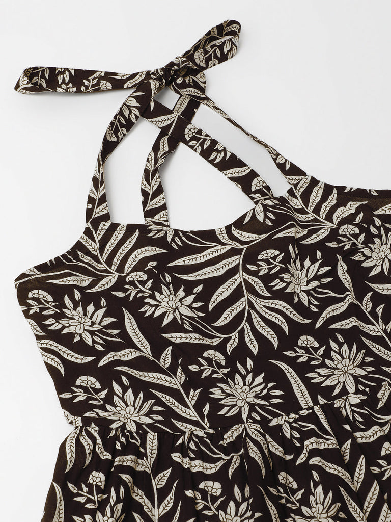 Women's Black Floral Printed Cotton Ethnic Dress