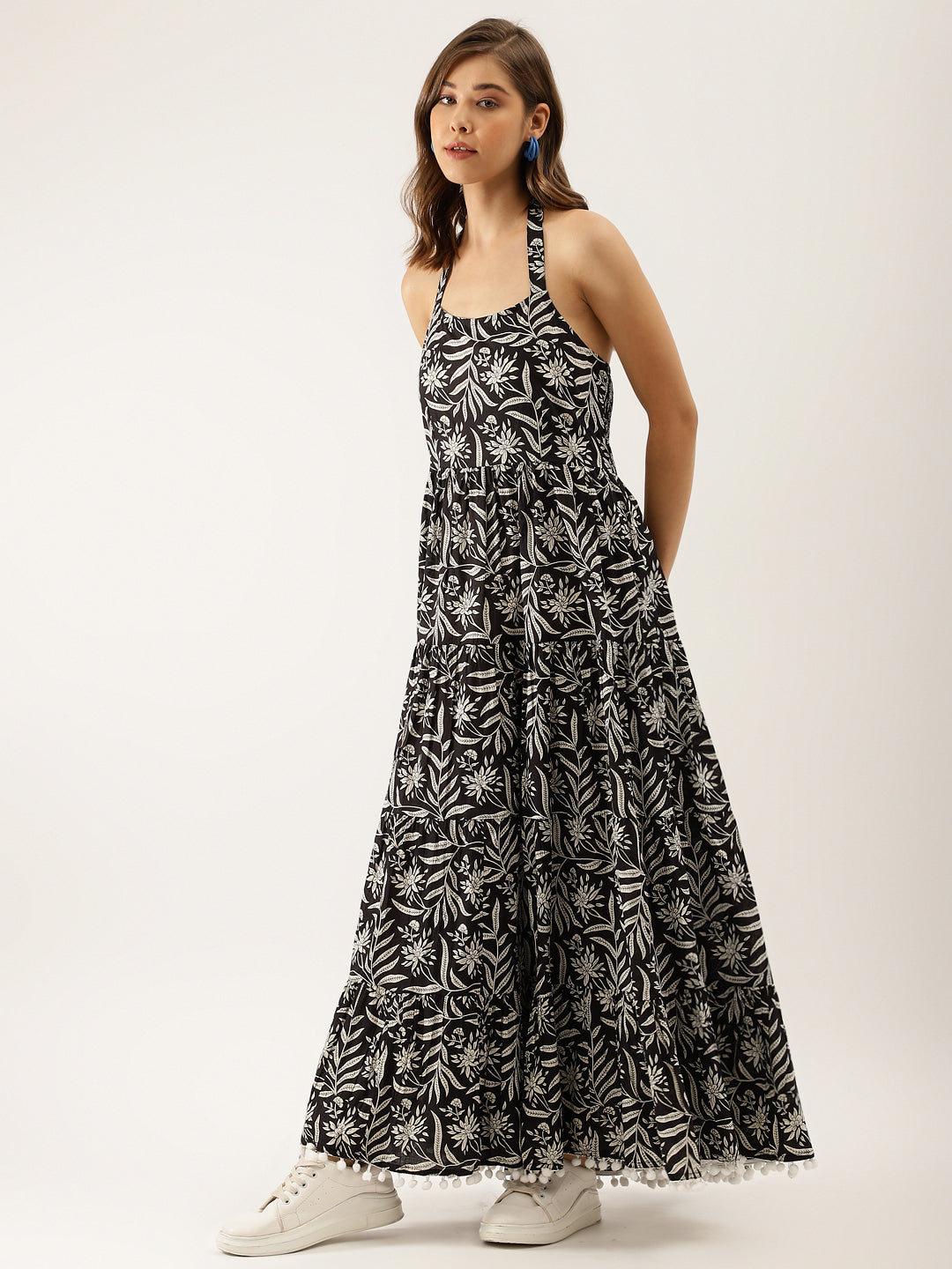Women's Black Floral Printed Cotton Ethnic Dress - Noz2Toz