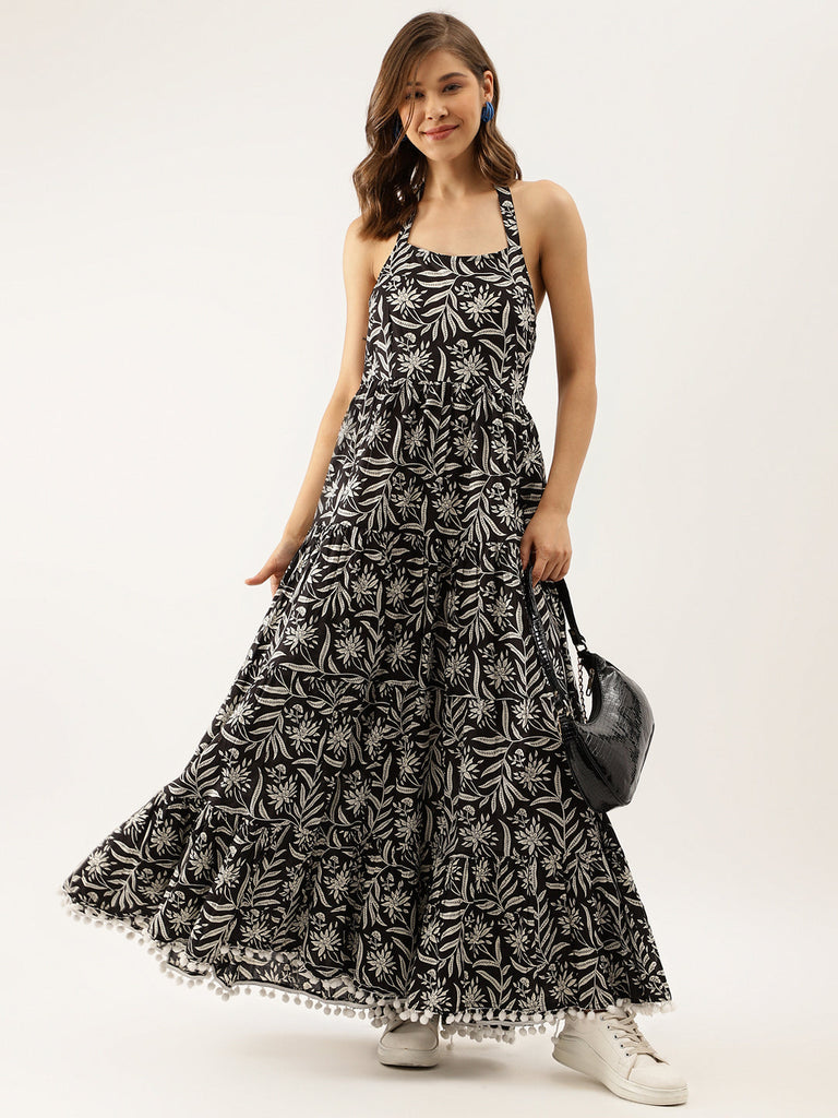 Women's Black Floral Printed Cotton Ethnic Dress