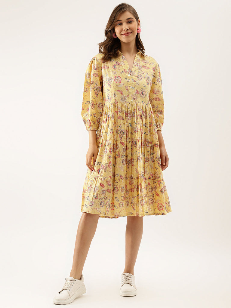 Women's Yellow Floral Printed Cotton Dress