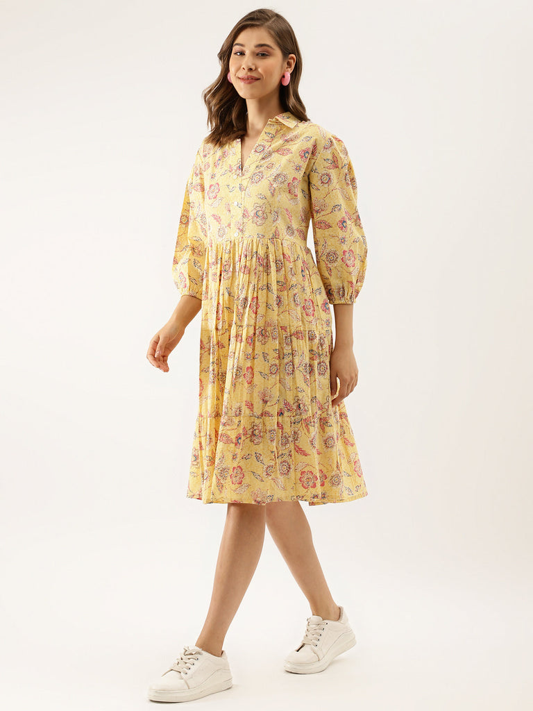 Women's Yellow Floral Printed Cotton Dress