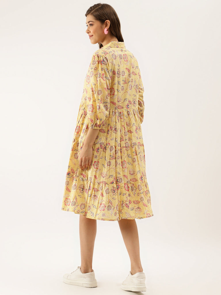 Women's Yellow Floral Printed Cotton Dress