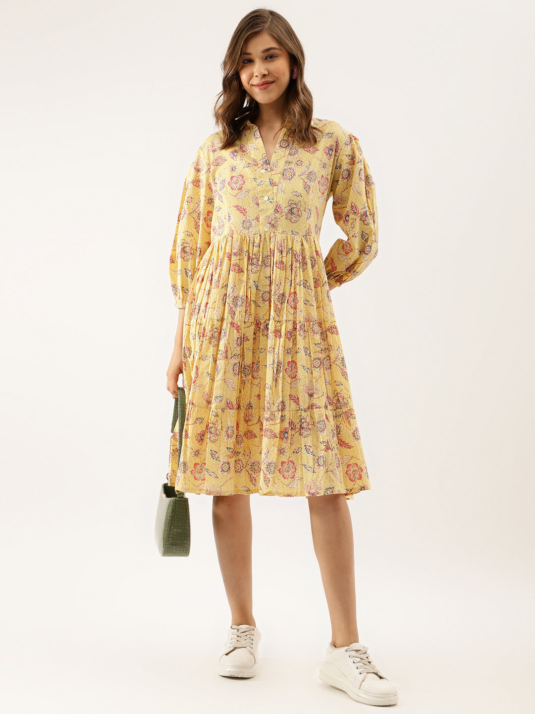 Women's Yellow Floral Printed Cotton Dress - Noz2Toz