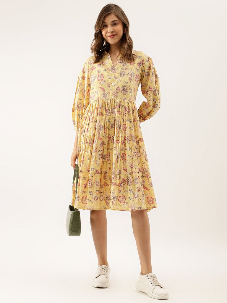 Women's Yellow Floral Printed Cotton Dress