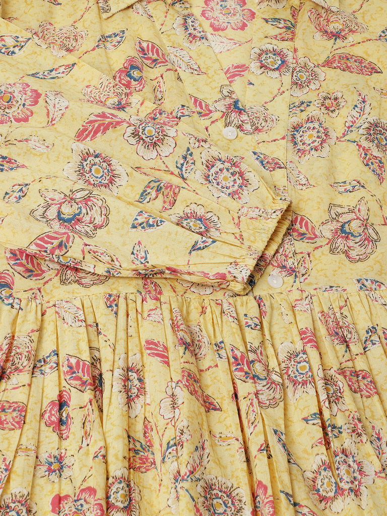 Women's Yellow Floral Printed Cotton Dress