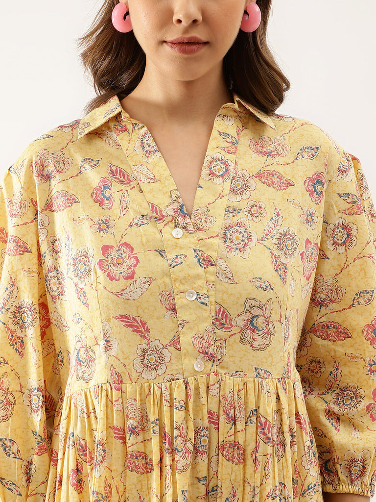 Women's Yellow Floral Printed Cotton Dress