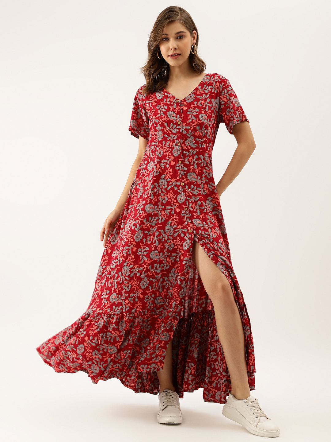 Women's Maroon Floral Printed Rayon Ethnic Dress