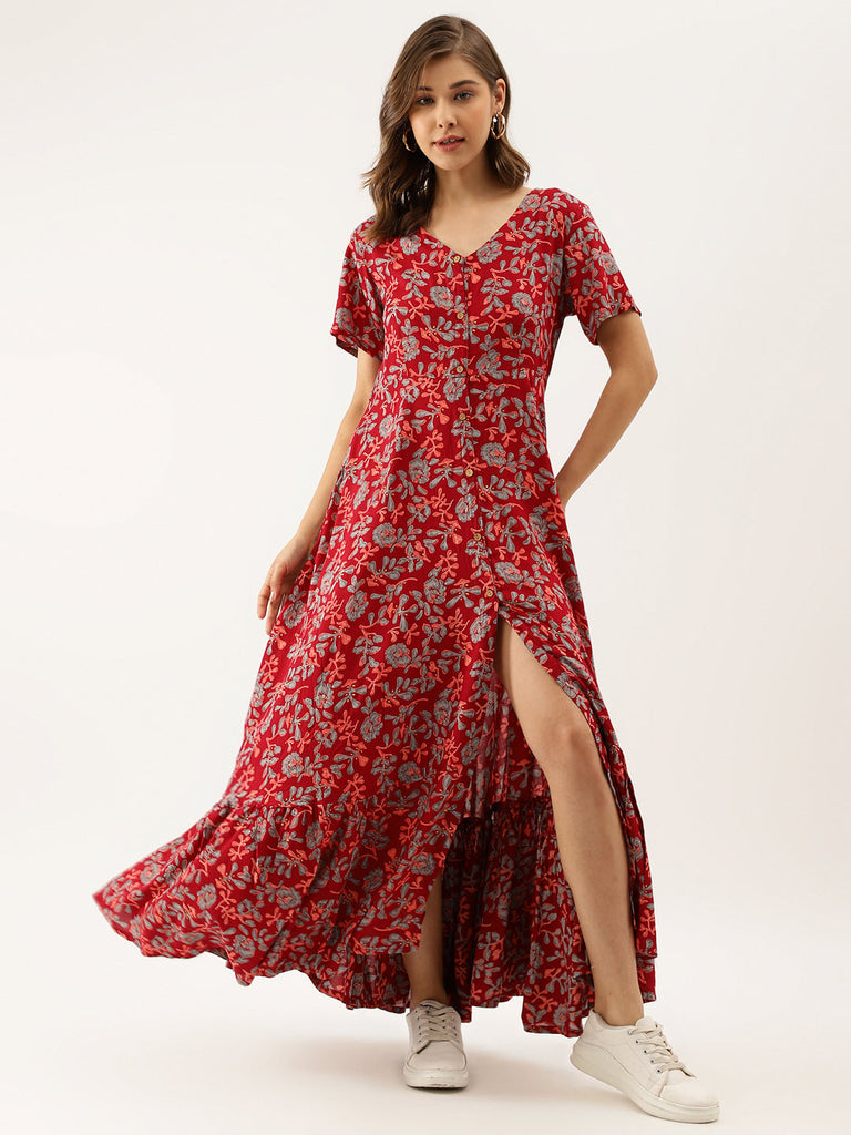 Women's Maroon Floral Printed Rayon Ethnic Dress