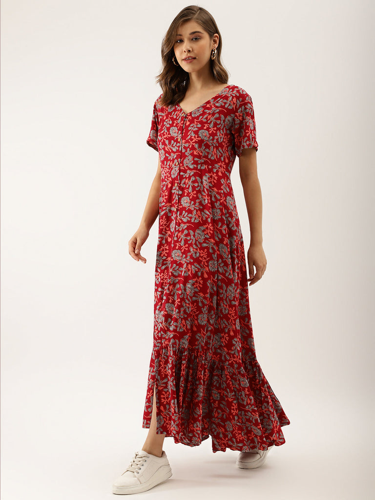 Women's Maroon Floral Printed Rayon Ethnic Dress
