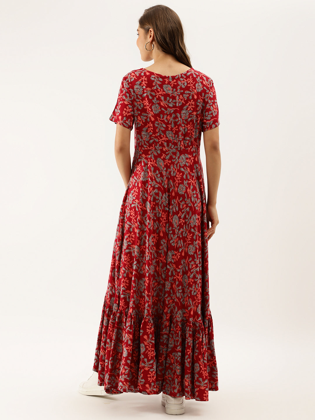 Women's Maroon Floral Printed Rayon Ethnic Dress