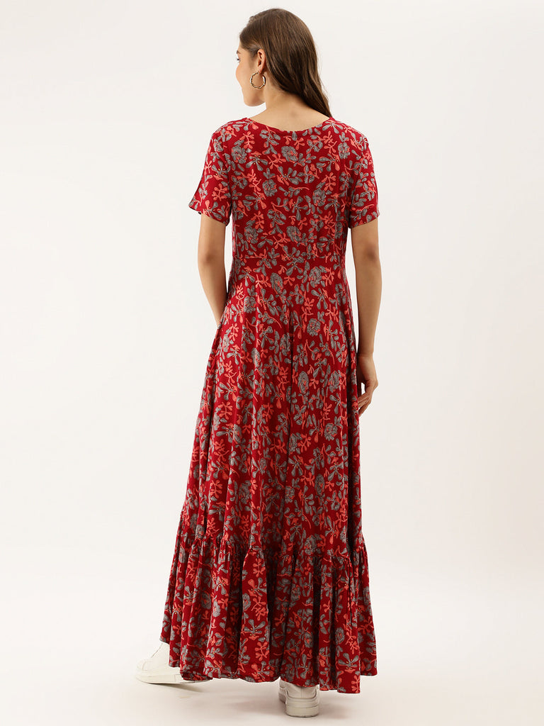 Women's Maroon Floral Printed Rayon Ethnic Dress