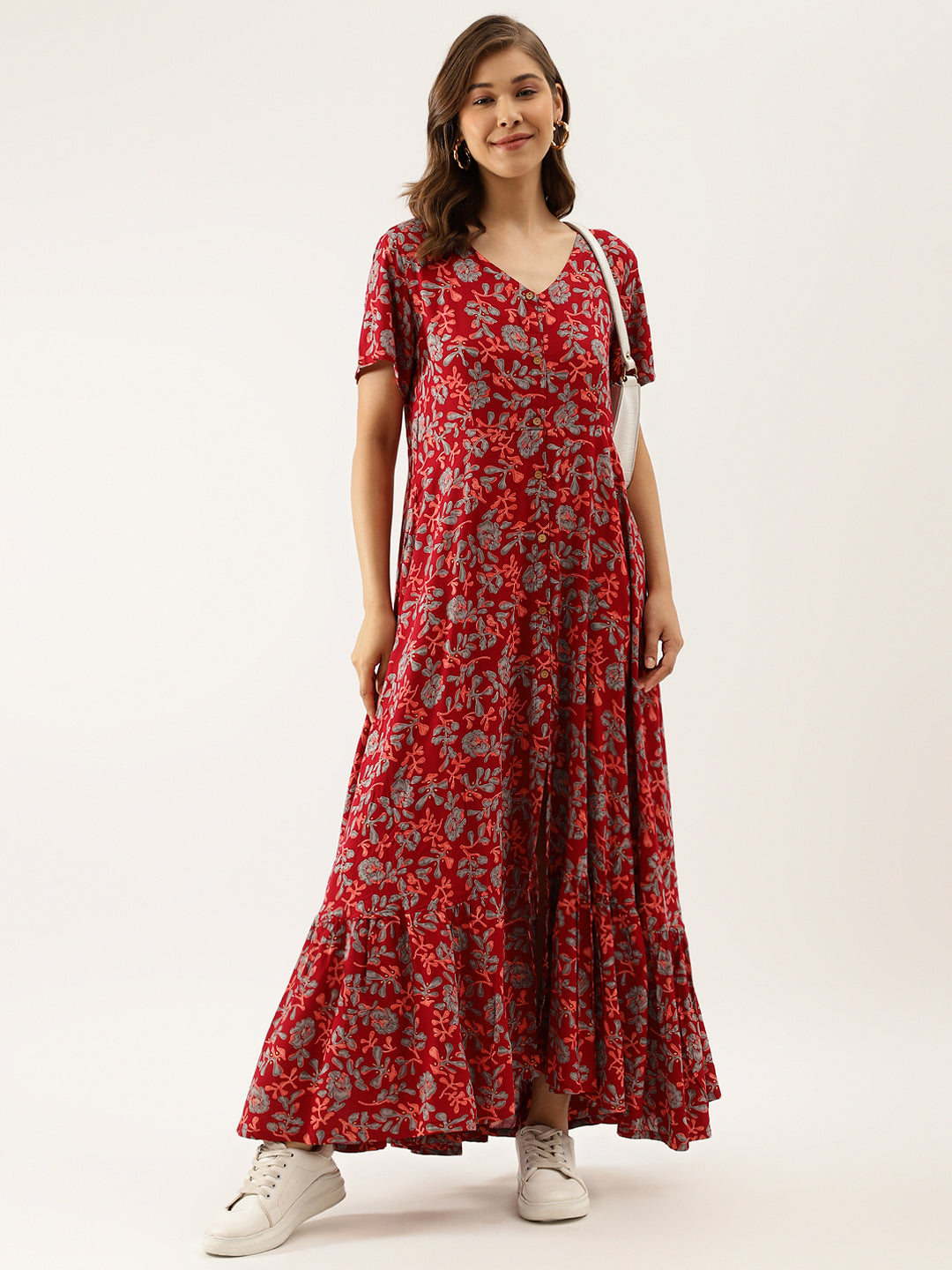 Women's Maroon Floral Printed Rayon Ethnic Dress - Noz2Toz