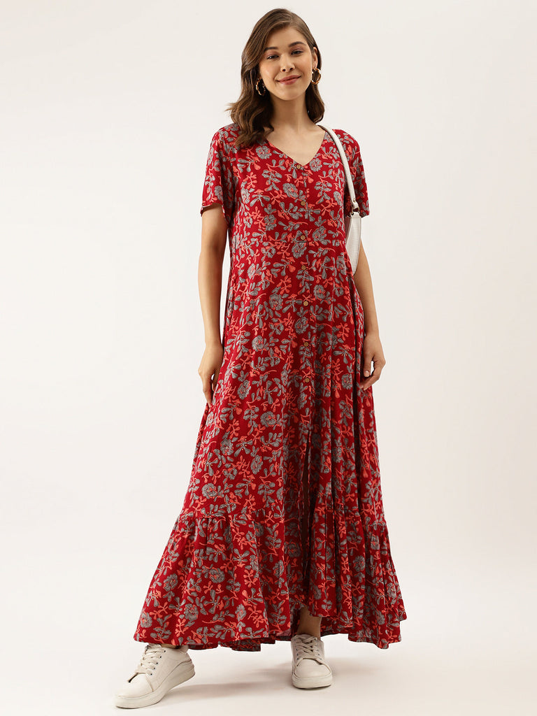 Women's Maroon Floral Printed Rayon Ethnic Dress