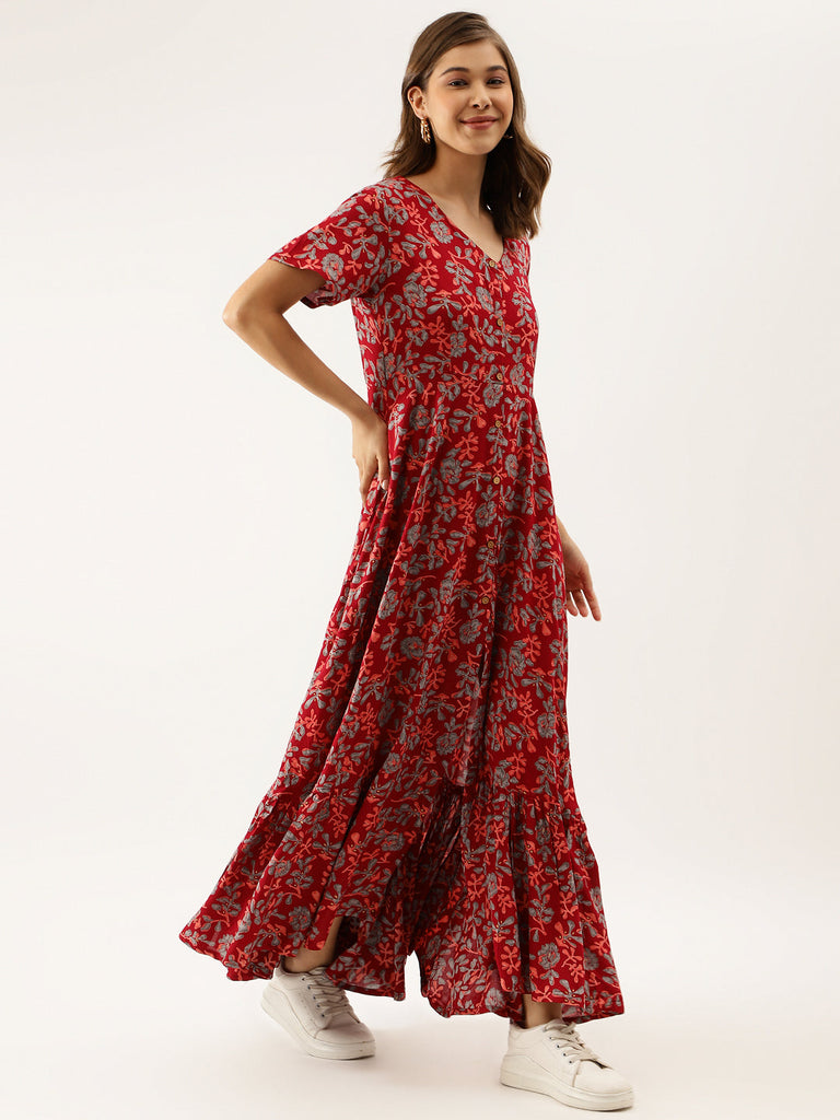 Women's Maroon Floral Printed Rayon Ethnic Dress