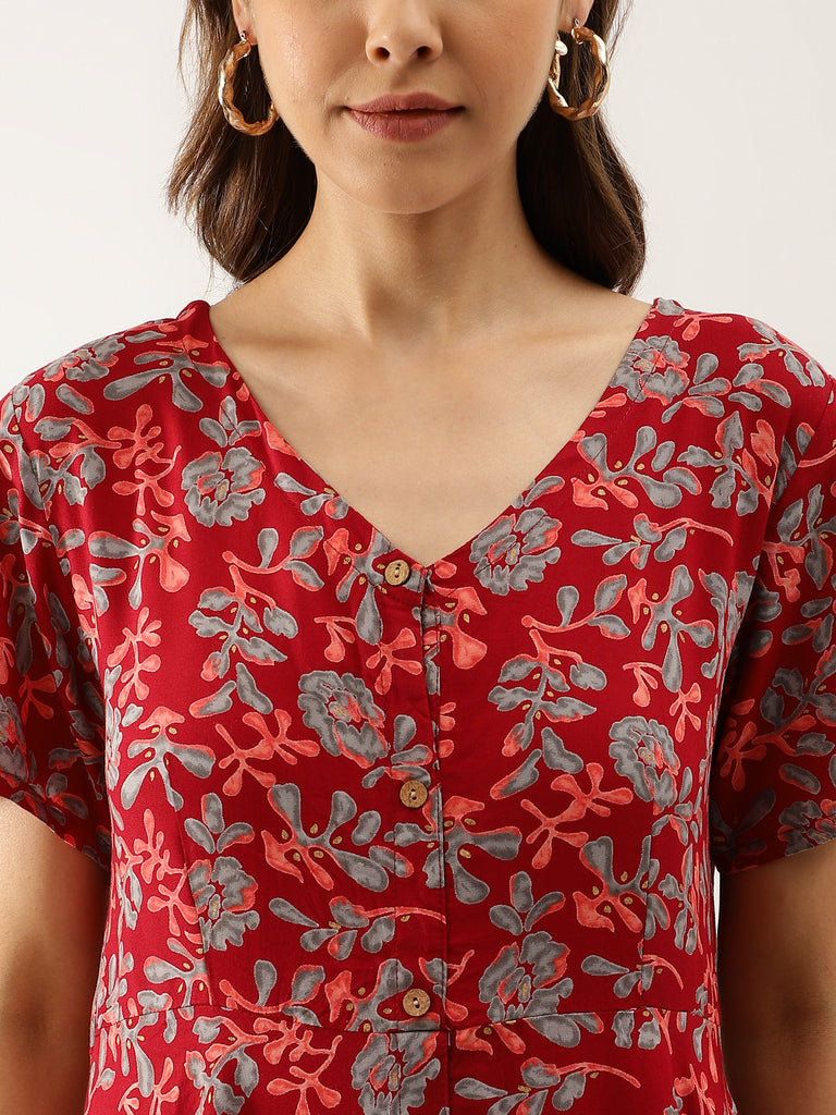 Women's Maroon Floral Printed Rayon Ethnic Dress