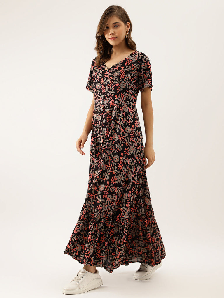 Women's Black Multi Floral Printed Rayon Ethnic Dress