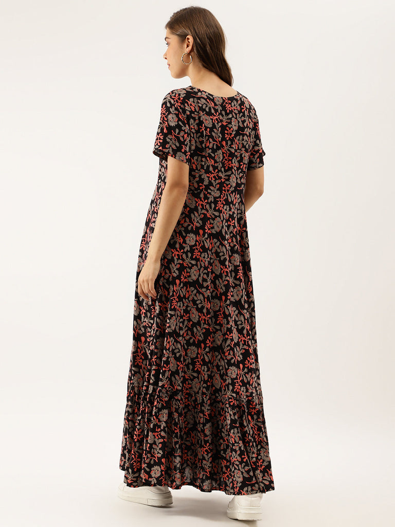 Women's Black Multi Floral Printed Rayon Ethnic Dress