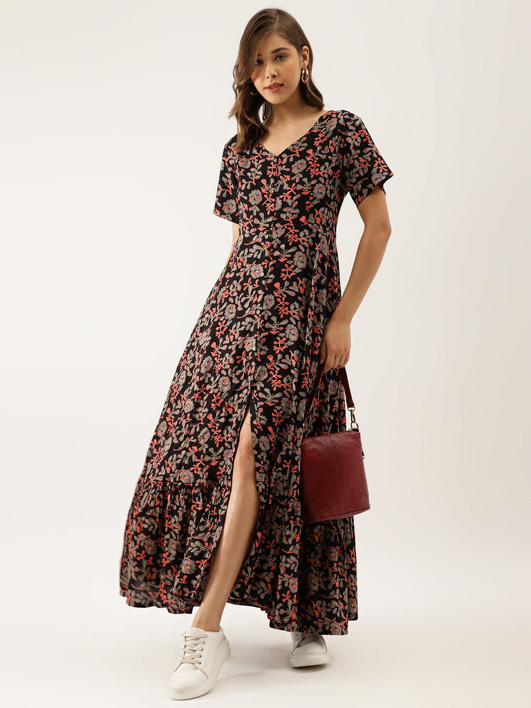 Women's Black Multi Floral Printed Rayon Ethnic Dress