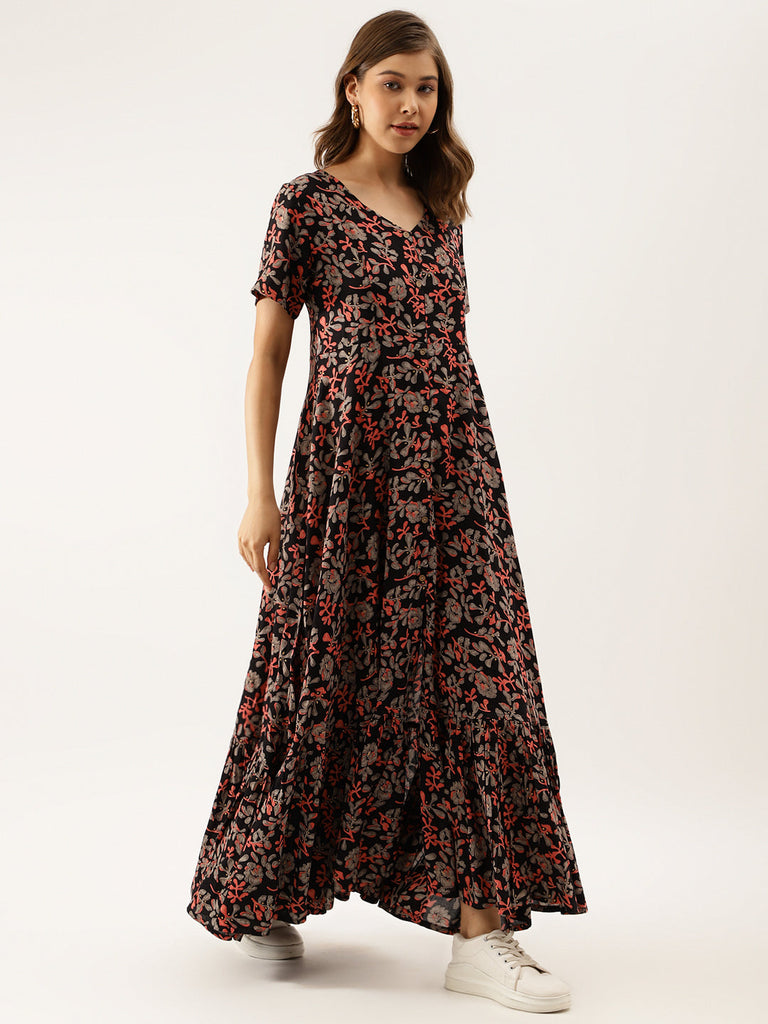 Women's Black Multi Floral Printed Rayon Ethnic Dress