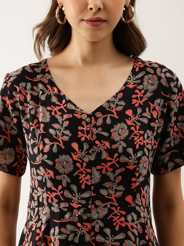 Women's Black Multi Floral Printed Rayon Ethnic Dress