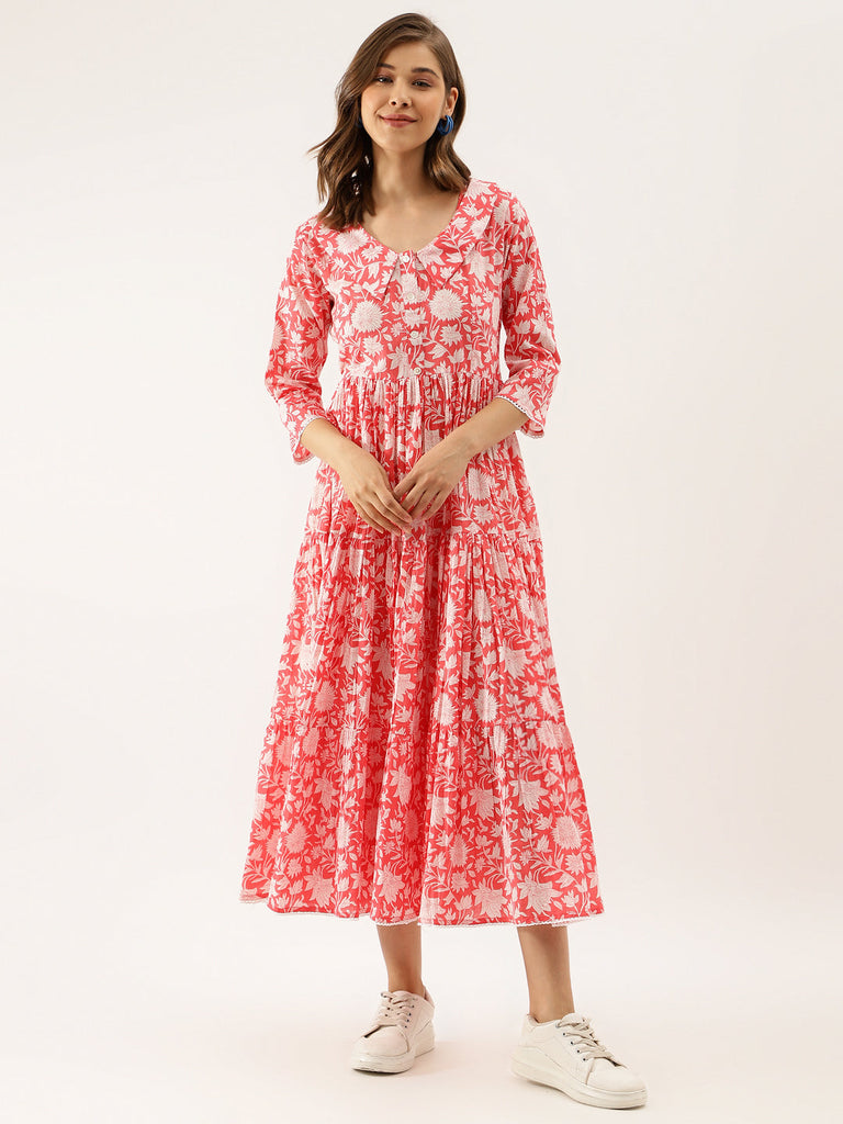 Women's Pink Floral Printed Cotton Ethnic Dress