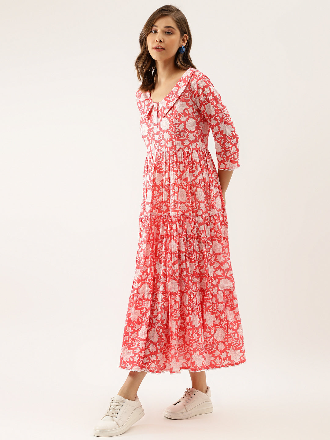 Women's Pink Floral Printed Cotton Ethnic Dress - Noz2Toz