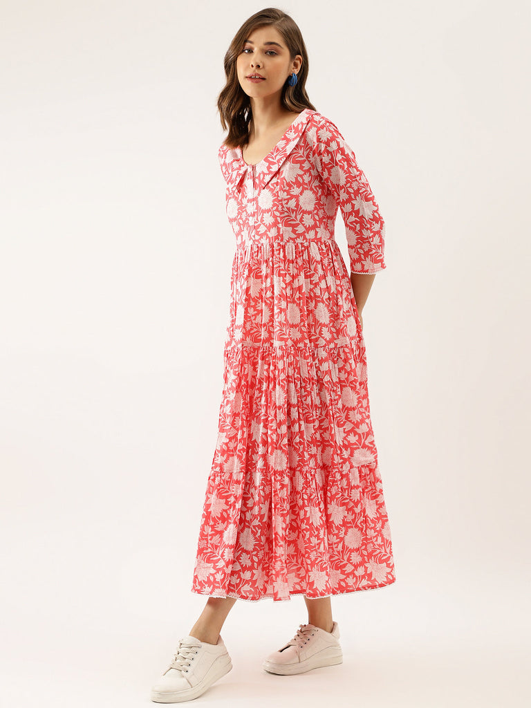 Women's Pink Floral Printed Cotton Ethnic Dress
