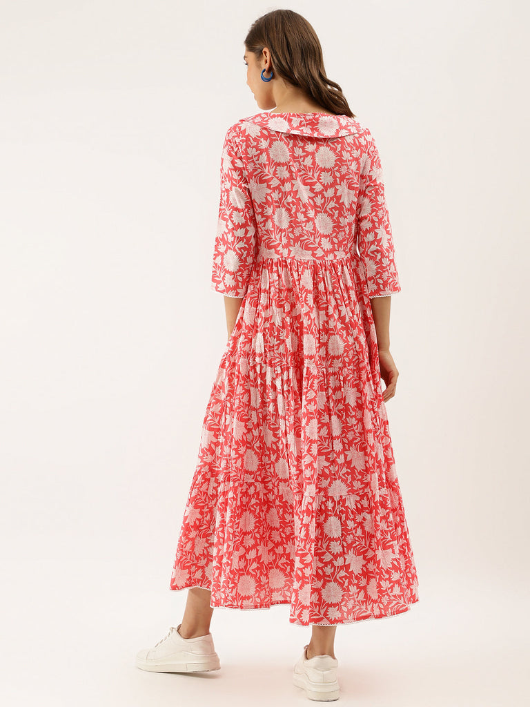 Women's Pink Floral Printed Cotton Ethnic Dress