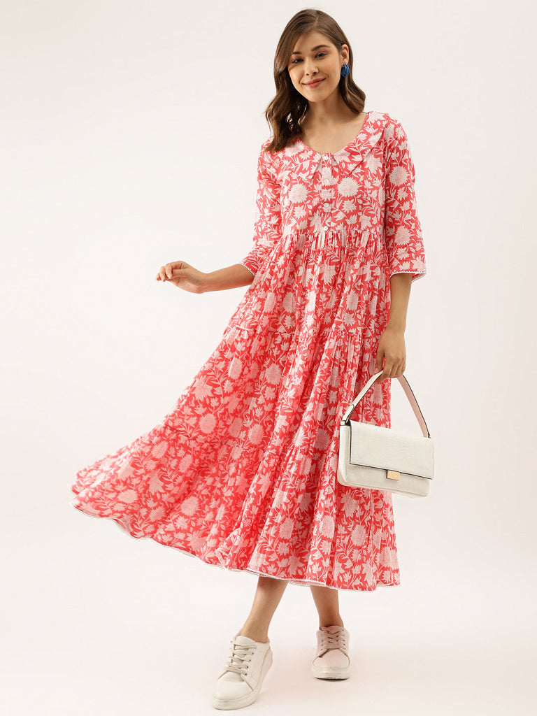 Women's Pink Floral Printed Cotton Ethnic Dress