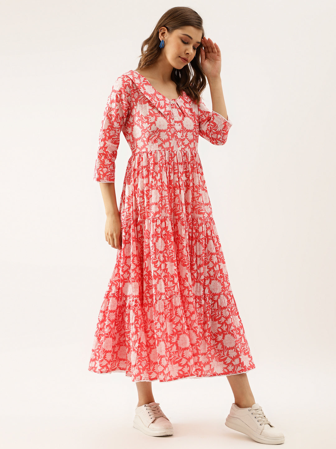 Women's Pink Floral Printed Cotton Ethnic Dress - Noz2Toz