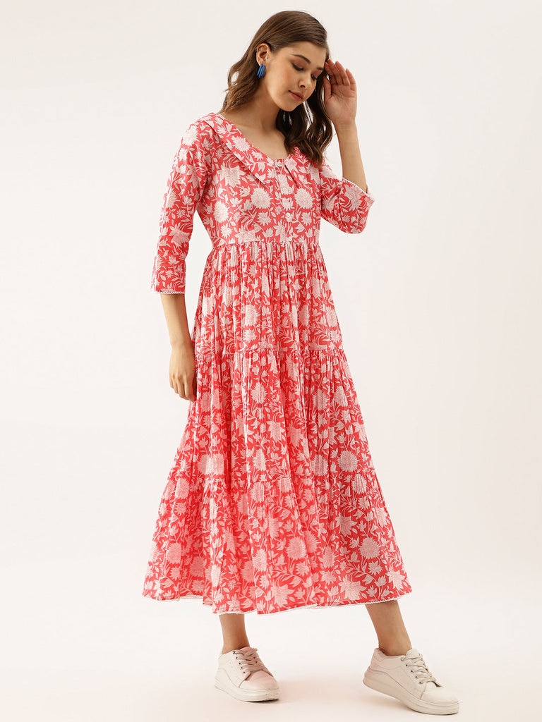 Women's Pink Floral Printed Cotton Ethnic Dress