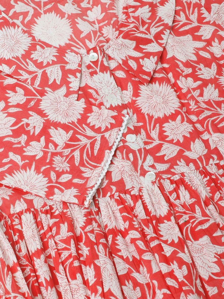 Women's Pink Floral Printed Cotton Ethnic Dress