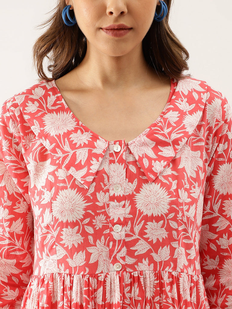 Women's Pink Floral Printed Cotton Ethnic Dress
