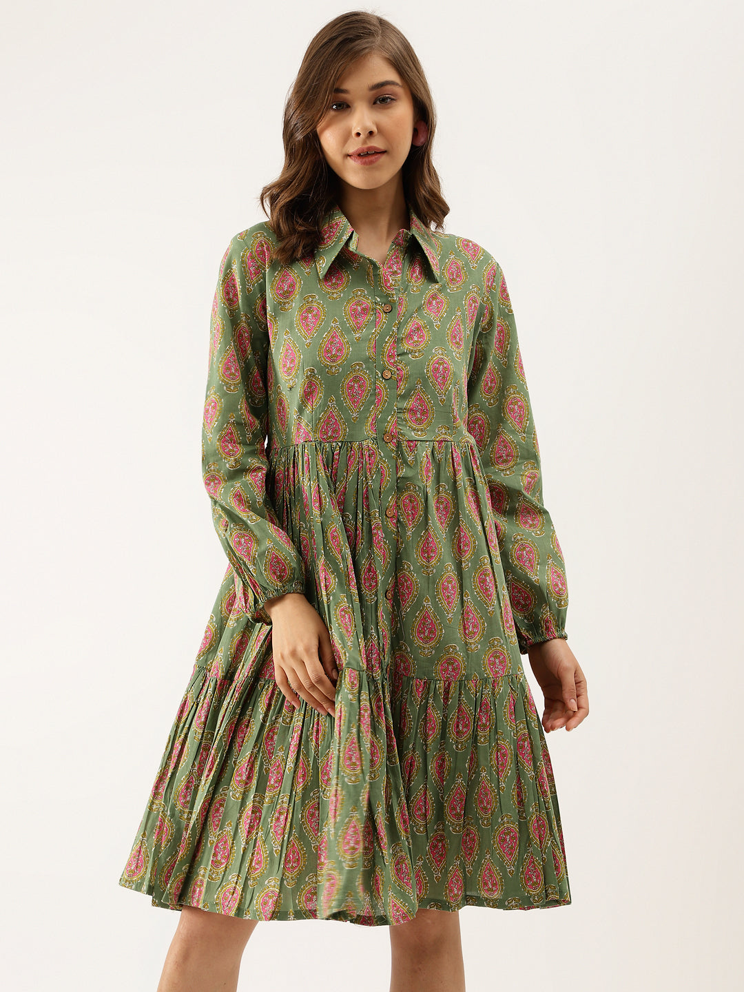 Women's Green Paisley Printed Cotton Dress - Noz2Toz