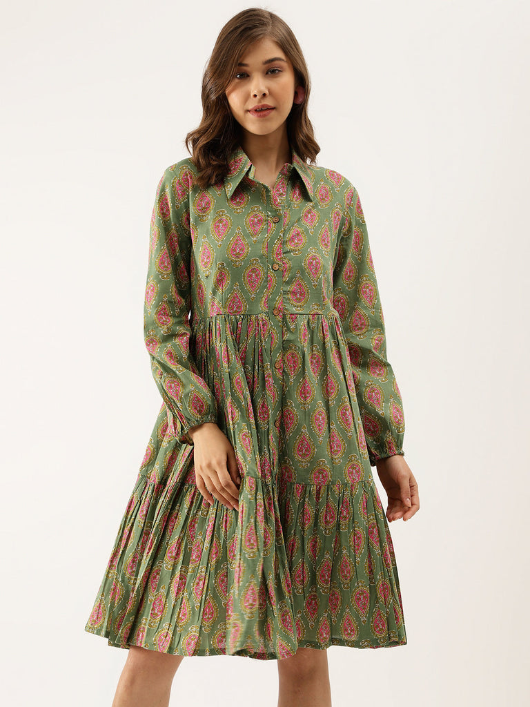 Women's Green Paisley Printed Cotton Dress