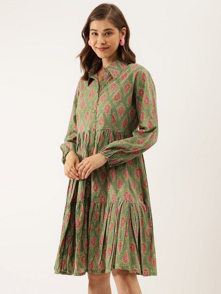 Women's Green Paisley Printed Cotton Dress