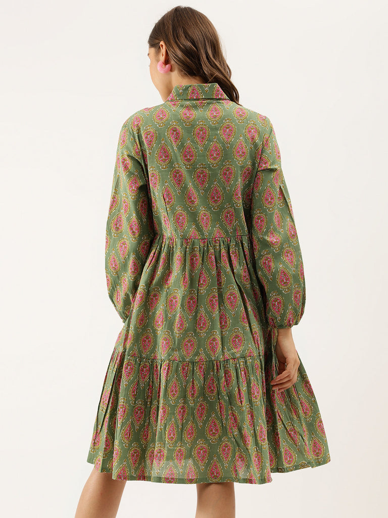 Women's Green Paisley Printed Cotton Dress