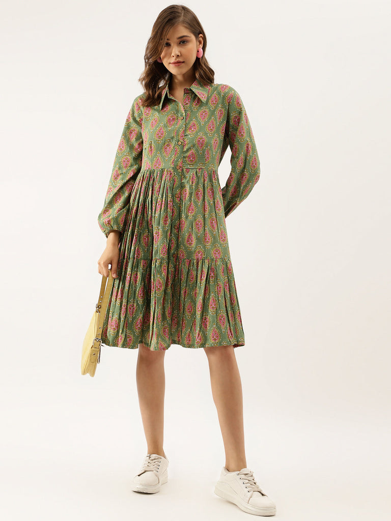 Women's Green Paisley Printed Cotton Dress