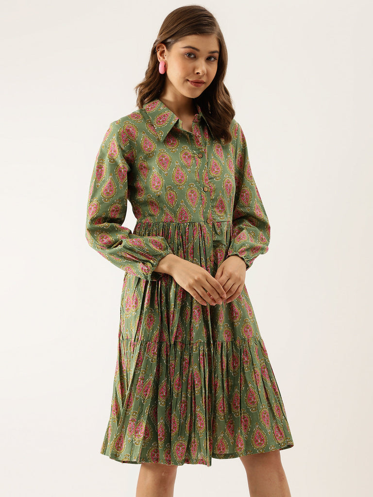 Women's Green Paisley Printed Cotton Dress
