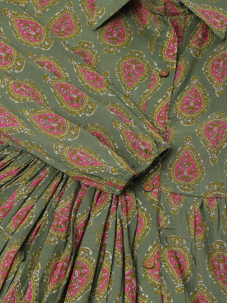 Women's Green Paisley Printed Cotton Dress