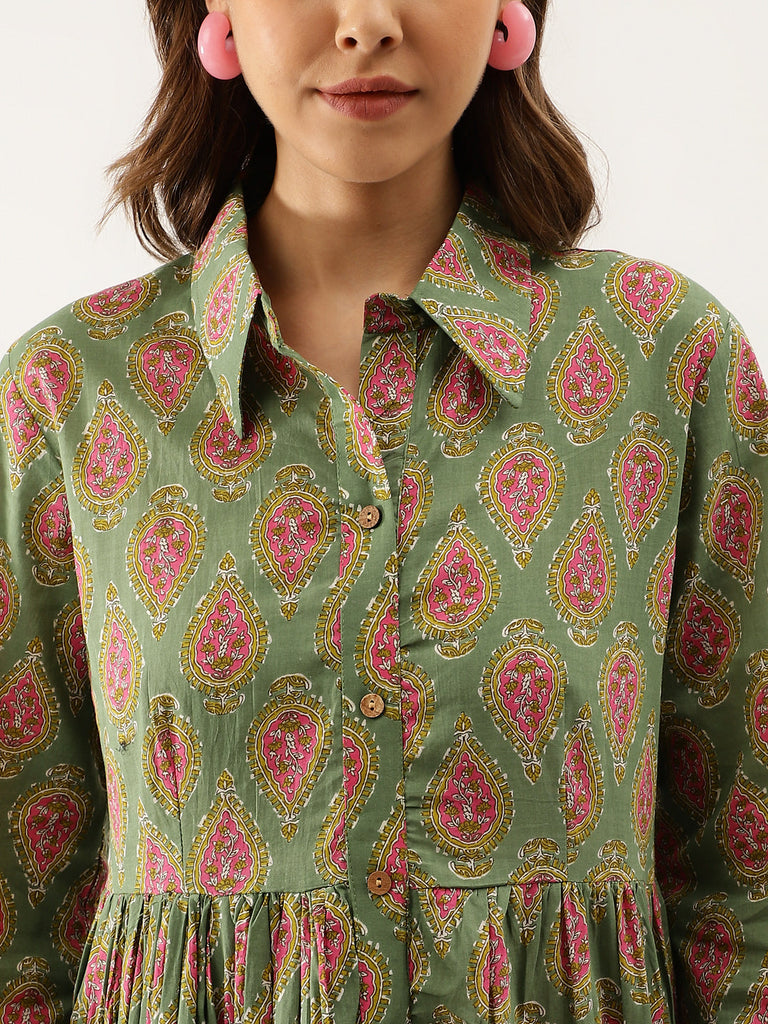 Women's Green Paisley Printed Cotton Dress