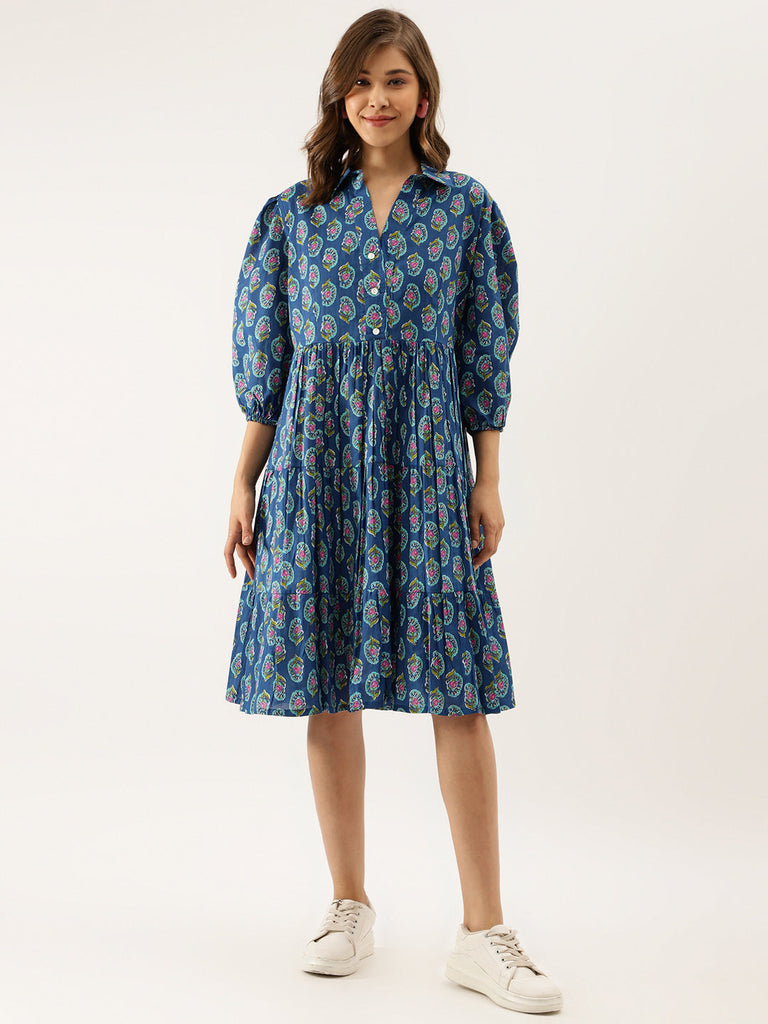 Women's Blue Paisley Printed Cotton Dress