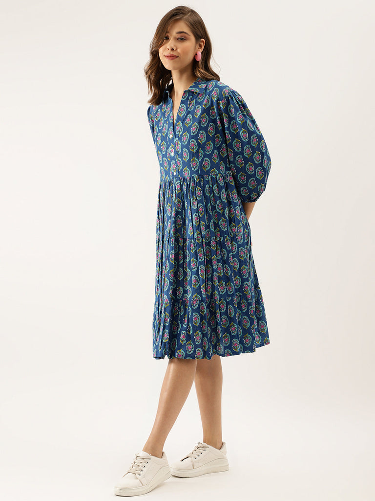 Women's Blue Paisley Printed Cotton Dress