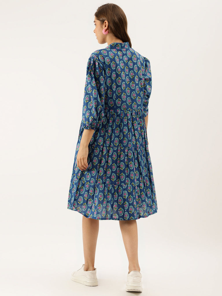 Women's Blue Paisley Printed Cotton Dress