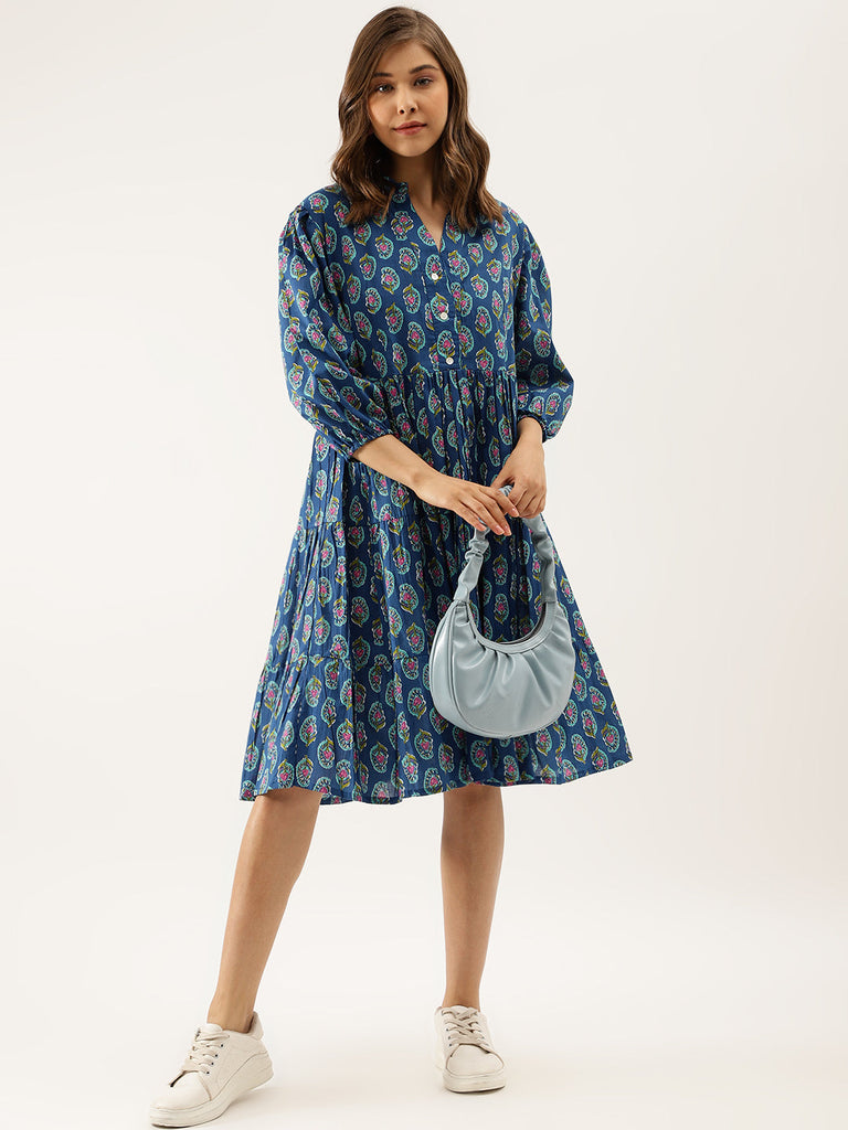 Women's Blue Paisley Printed Cotton Dress