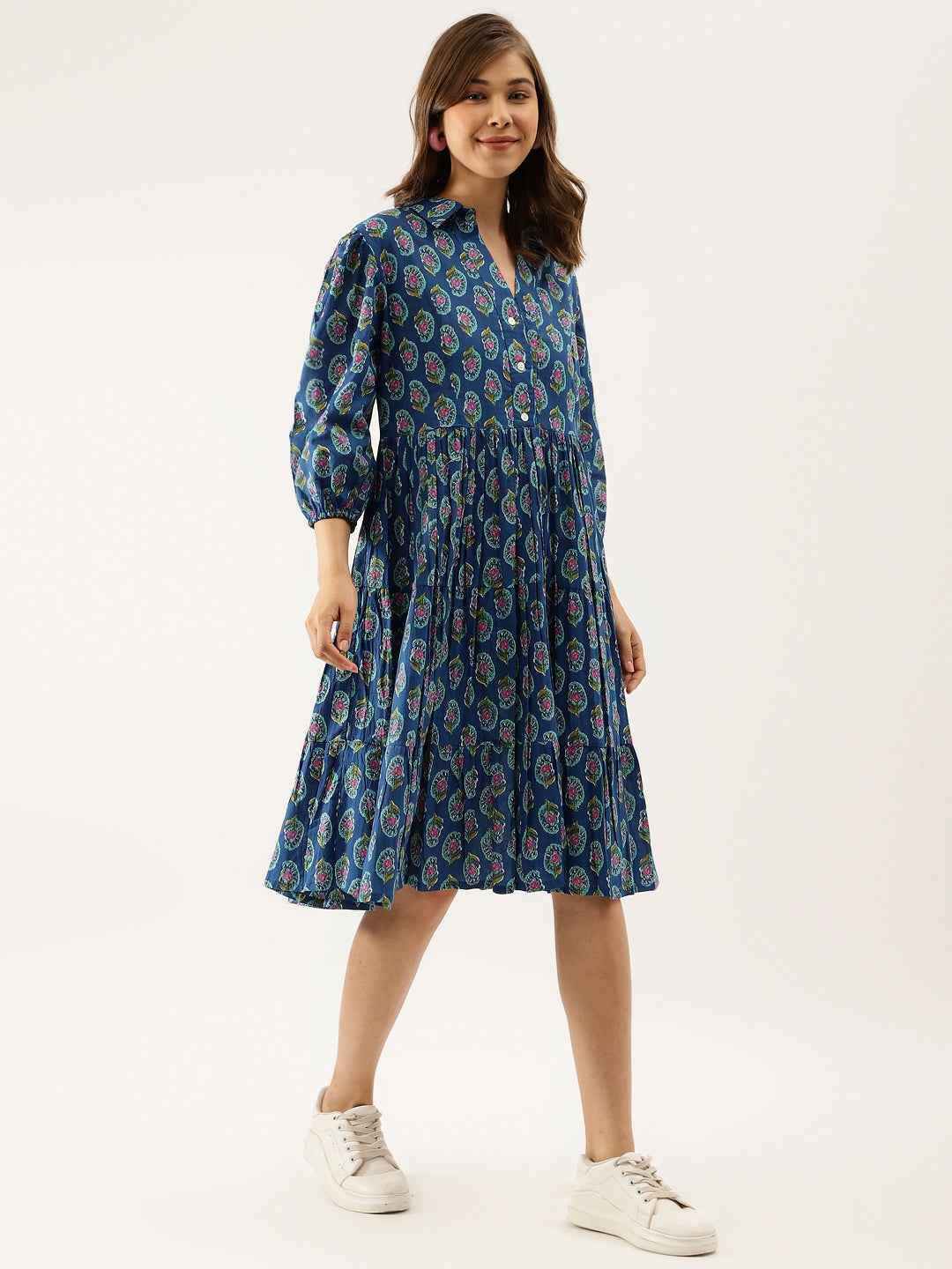 Women's Blue Paisley Printed Cotton Dress - Noz2Toz