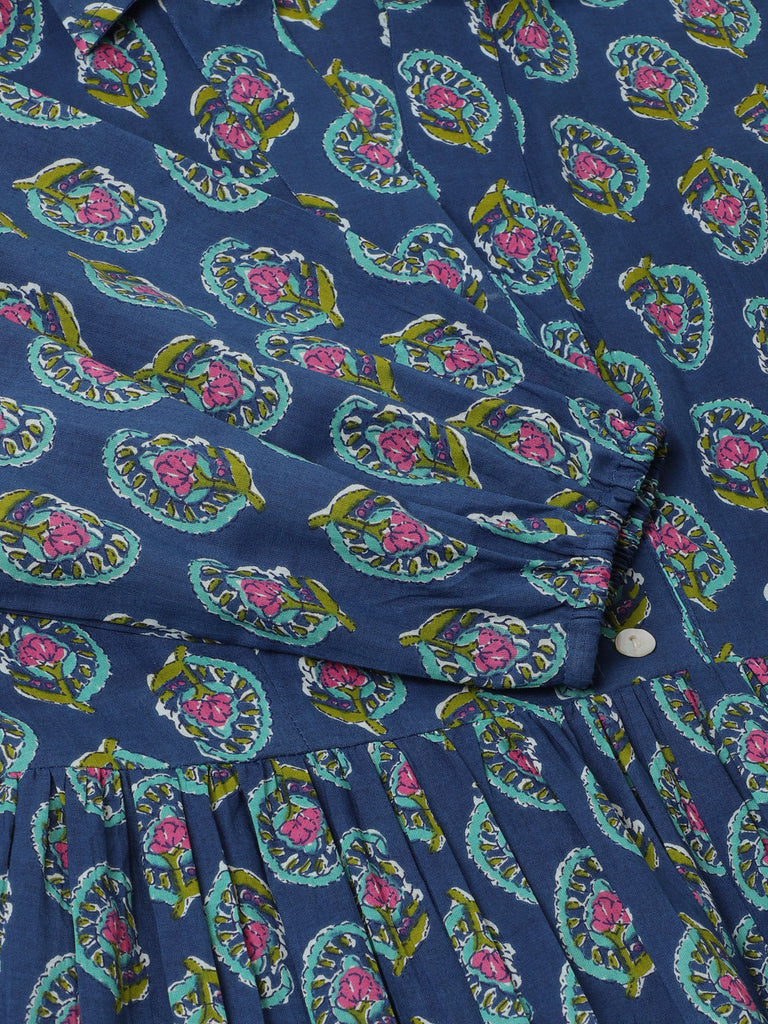 Women's Blue Paisley Printed Cotton Dress