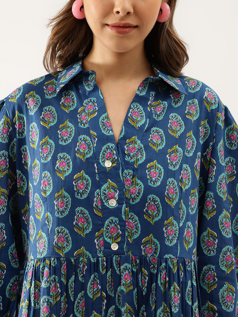 Women's Blue Paisley Printed Cotton Dress