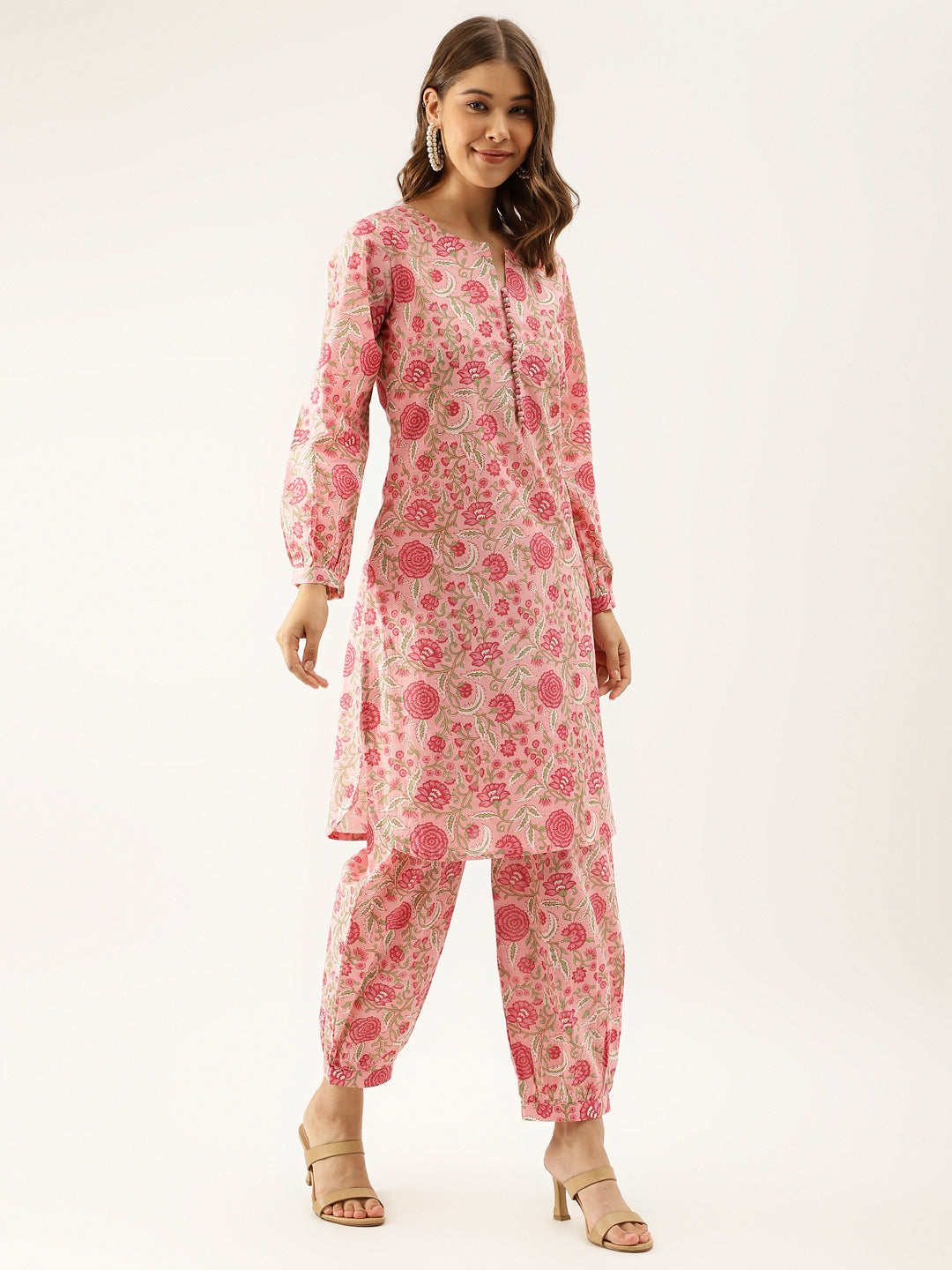 Women's Pink Floral Print Cotton Co-Ord Set - Noz2Toz
