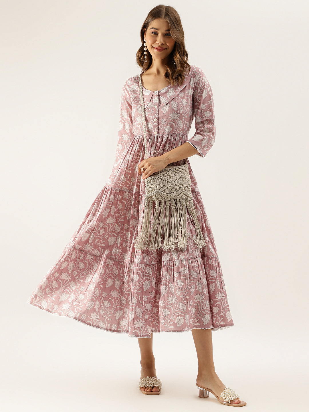 Women's Lavender Floral Printed Cotton Ethnic Dress - Noz2Toz